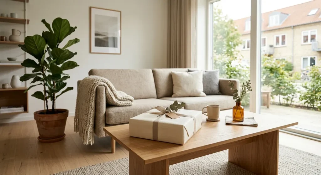 En elegant indpakket housewarming gave placeret på et træbord i en lys og nordisk indrettet stue.