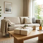 En elegant indpakket housewarming gave placeret på et træbord i en lys og nordisk indrettet stue.