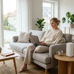 Ung kvinde bruger laptop med trådløst mobilt bredbånd i en moderne dansk lejebolig