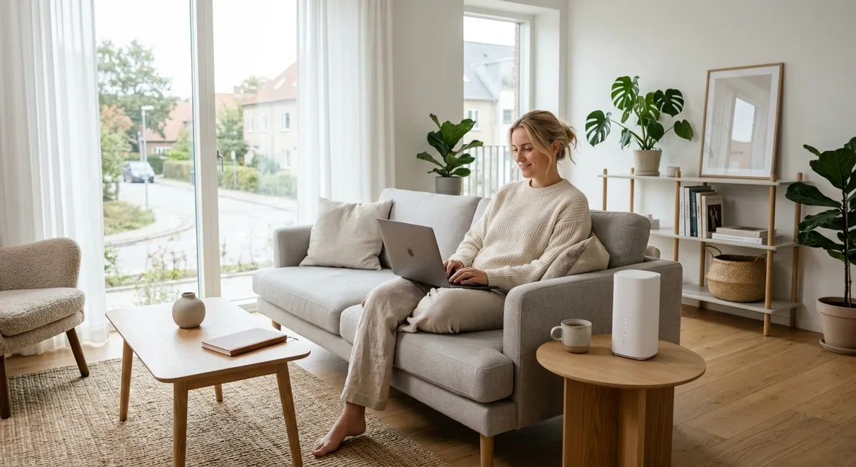 Ung kvinde bruger laptop med trådløst mobilt bredbånd i en moderne dansk lejebolig